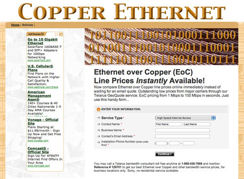 Check Ethernet over Copper line prices instantly. Just click and use the handy form...